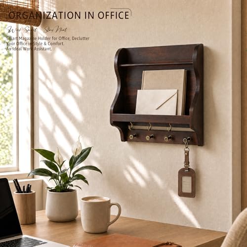 Acacia Wood Mail Organizer Wall Mount with 7 key Hooks Entryway, Dark Brown - Image 3
