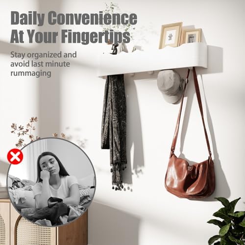 Coat Rack Wall Mount with Shelf 5 Hidden Hooks Modern Wooden Key Holder Entryway Organizer for Hallway Bedroom Bathroom Home Decor Storage for Hanging Coats Hats Bags Towels, Wave-Shape White - Image 4