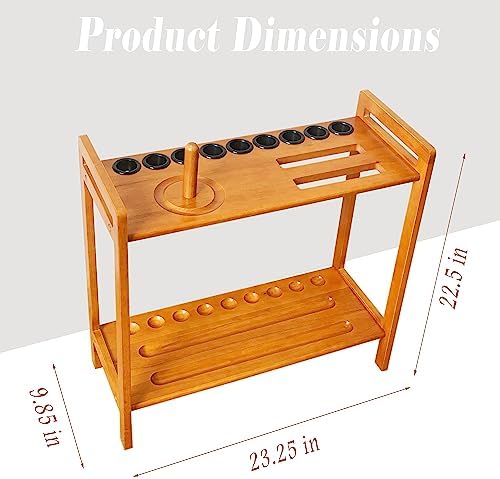 Pool Stick Holder Floor Stand Holds 9 Cues & Pool Table Accessories. Wooden 2-Tier Cue Stick Storage with Ball Rack Hangers, Billiard Cone Chalk Holder or Drink Pads - Image 3