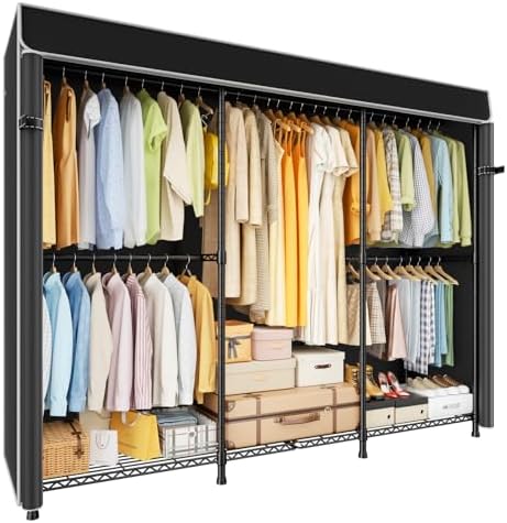 ULIFHOME E14C Pro Heavy Duty Closet Organizer System，Freestanding Clothing Racks for Hanging Clothes，Adjustable Garment Rack 69" W × 16" D × 77" H Hold 960 lbs，Black Rack with Black Dustproof Cover by UlifHome