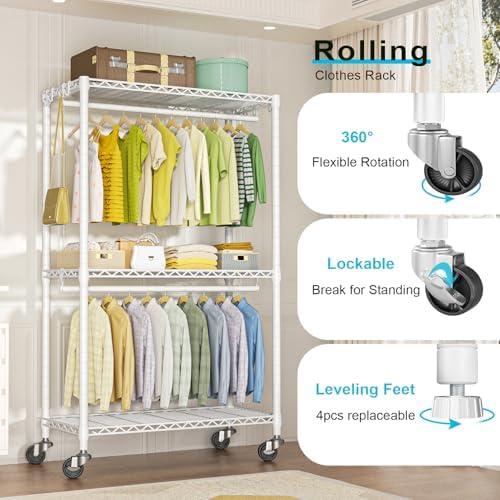 FUTASSI Rolling Clothes Rack, Clothing Racks for Hanging Clothes, White - Image 6