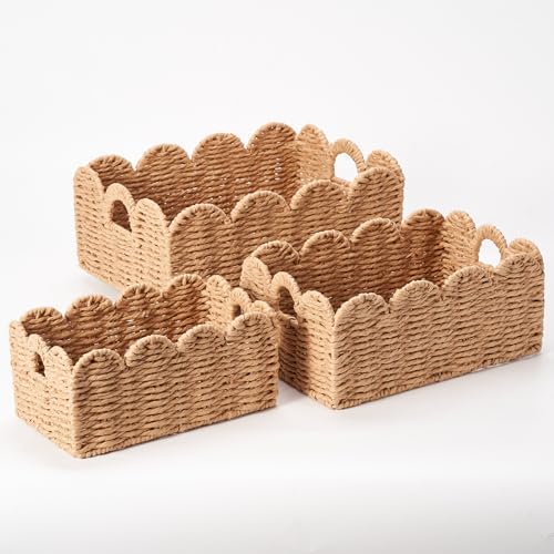 Scalloped Wicker Baskets Set of 3, Hand-Woven Storage with Handles by Floramill
