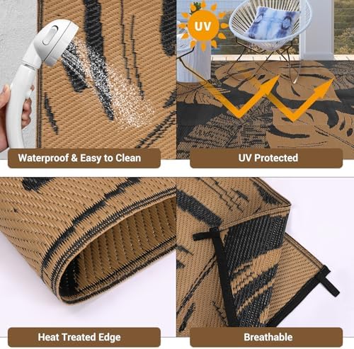COZYLOOM Waterproof Outdoor Rug 9x12, Reversible Plastic Straw Rug Patio Camping Rug, Indoor Outdoor RV Mat Carpet for Deck, Camper, Porch, Balcony, Backyard, Picnic, Tropical Leaf Patio Carpet - Image 3