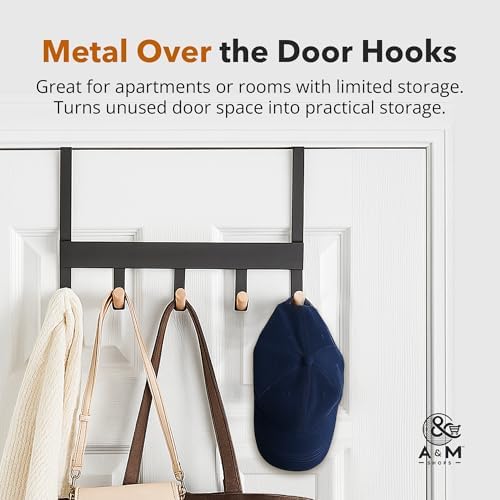 A&M Shops Over The Door Hanger - Heavy Duty Metal Door Hanger with Lotus Wood Tip for Bathroom & Bedroom - Coat Rack Organizer with 5 Stylish Towel Hooks for Door, Clothes & Bags - Black - Pack of 2 - Image 3