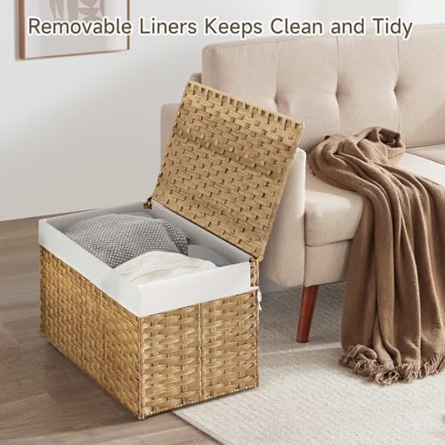 180L Wicker Storage Basket with Lid, Handwoven Rattan Large Shelf Basket with Removable Liner, 47.6 Gallon Wicker Basket for Blanket, Storage Trunk with Handle for Closet, Bedroom, Livingroom, Natural - Image 2