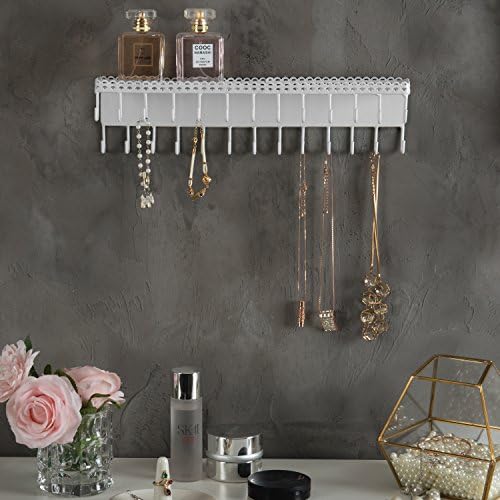MyGift White Metal Wall-Mounted Jewelry Hanging Shelf with 26 Necklace Hooks, Set of 2 - Image 2