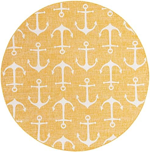 Unique Loom Outdoor Coastal Collection Area Rug - Ahoy (7' 10" Round, Yellow) - Image 3