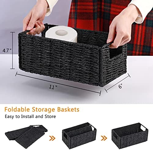 Vagusicc Wicker Storage Baskets, Set of 2 Hand-Woven Foldable Cube Storage Baskets for Shelves with Handles 13 inches + Set of 2 Small Wicker Storage Baskets for Organizing Toilet Shelves,Black - Image 6