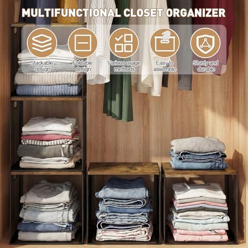AceOrbit 3 Pcs Stackable Closet Storage Bins 12"x12"x12" Dark - Image 2