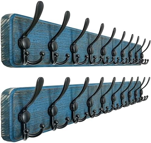 Dseap Coat Rack Wall - Heavy-duty 38-1/4" Long, with Reinforced 10 Custom Tri-Hooks, Solid Wood Wall Hanger for Coats Hat Jackets - Rustic Farmhouse Entryway Storage, Weathered Blue & Black, Pack of 2 by Dseap