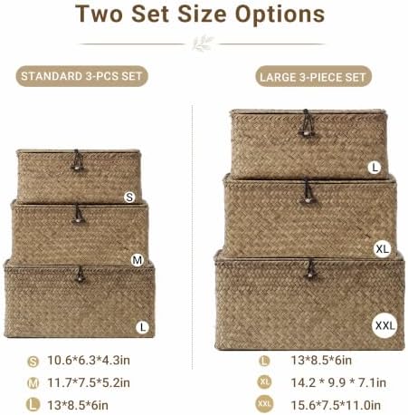 Nonam Wicker Storage Basket with Lid,Seagrass Shelf Basket Set of 3,Coffee - Image 4