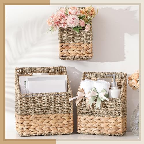 Cinnvoice Set of 3 Wicker Wall Magazine Basket, Magazine Holder Water Hyacinth Storage Baskets for Mail, Files, Books & Accessories Wall-mounted Organizer for Door Home, Office Organization - Image 2
