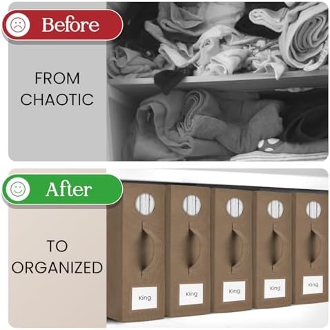 TOSORO 6 Pack Bed Sheet Organizer and Storage, Foldable Storage Bed Sheet Organizer for Linen Closet with Viewing Window & Label for Bedding Sheets & Blankets (Queen & King Size) Taupe - Image 4