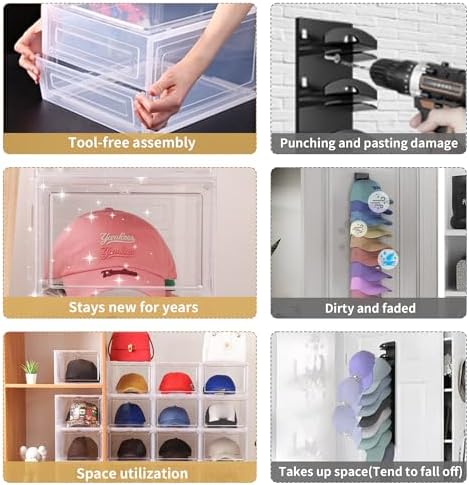 Attelite Hat Organizer for Baseball Caps, set of 6, Stackable Hat Storage Box With Transparent Magnetic Door, Hat Rack, Easy to Assemble Stylish Display(Clear Black) - Image 5