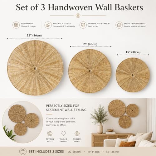 PEMAR Handwoven Jute Wall Hanging Baskets, Set of 3 Round Woven Wall Decor (22", 19", 15"), Decorative Wall Accents for Living Room, Bedroom and Entryway - Image 5