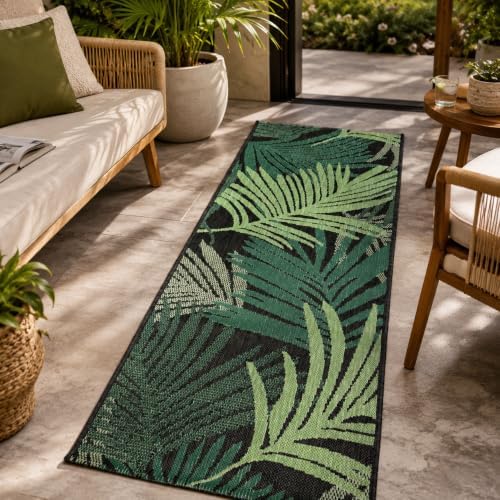 Paco Home Indoor & Outdoor Rug Flat-Weave Jungle Floral Palm Trees Design Black Green, Size: 2'8" x 8'2" by PacoHome