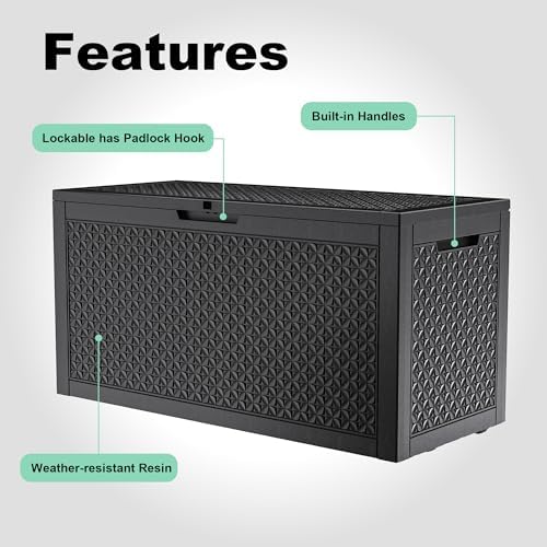 Outdoor Waterproof Resin Storage Deck Box Lockable Outside Bench UV Resistant Bin Patio Porch Furniture Pool Float Garden Tool Cushion (Black, 110 Gallon) - Image 3