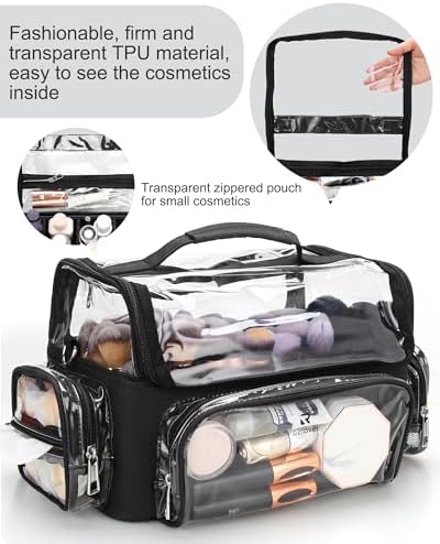 Makeup Brush Bag, Makeup Brush Case for Makeup Artist with Plastic Dividers Washable, Portable Travel Makeup Train Case with Clear Waterproof Cover for Easy to Clean and Find with Adjustable Strap - Image 3