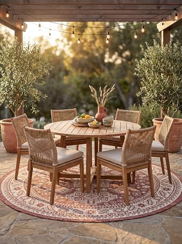 Rugs.com Outdoor Aztec Collection Rug – 4 Ft Round Rust Red Flatweave Rug Perfect for Kitchens, Dining Rooms by Rugscom