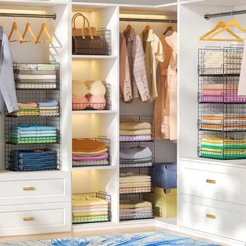 6-Tier Stackable Closet Organizers and Storage Basket - Foldable Closet Shelf Organizer System, Sturdy Metal Space-Saving Clothes Storage Bins for Wardrobe, Black - Image 6