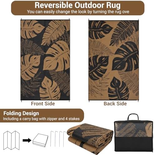 COZYLOOM Outdoor Rugs 8x10 Waterproof for Patios Reversible Plastic Straw Rug Leaf Pattern, Modern Area Rug for Outdoors Backyard Porch Balcony RV Deck Picnic Camping Beach Trailer, Black Brown - Image 2