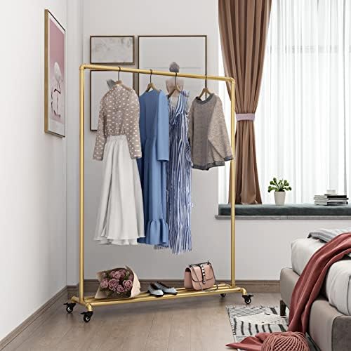 Industrial Gold Clothing Racks on Wheels, Boutique Display Gold Clothes Rack with Shelf, Rolling Garment Rack for Retail Use - Image 3