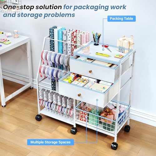 TC-HOMENY Wheeled Wrapping Paper Organizer Gift Wrap Ribbon Rack Blueprint - Image 5