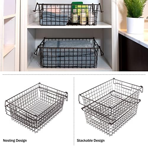 Home-Complete 2 pcs Large Stackable Wire Baskets, 16"x12" Organizer Stacking Storage Bins for Shelf, Pantry, Kitchen, Cabinets, can also be used in Chest Freezers (Brown) - Image 4