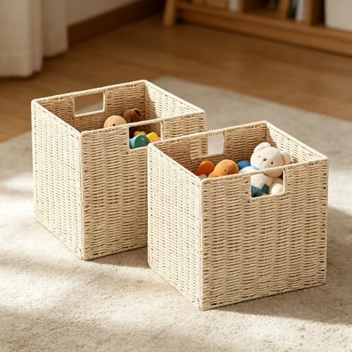 Vagusicc Wicker Storage Basket, Set of 2 Hand-Woven Paper Rope Storage Baskets, Foldable Cube Storage Organizer Bins, 11 Inch Wicker Storage Baskets for Shelves and Decor, Square Storage Basket, Beige - Image 3