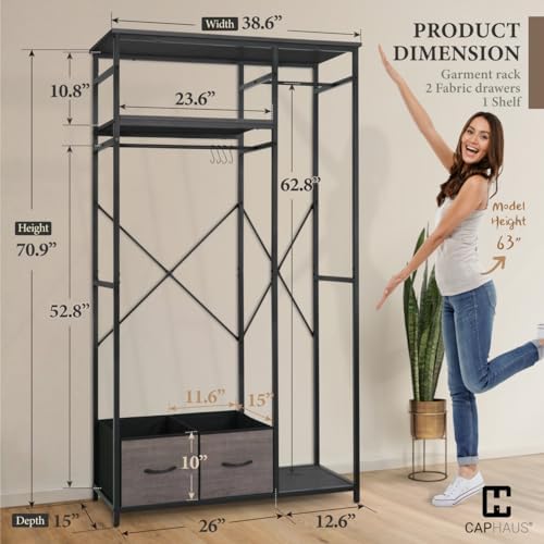 CAPHAUS 550lbs Capacity Garment Rack for Hanging Clothes, Heavy Duty Metal Open Wardrobe w/Hanging Rods & Drawers, Free Standing Closet Organizer, Metal Closet w/Wooden Boards, Black Vintage Board - Image 2