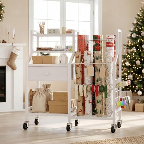 HOOBRO Wrapping Paper Storage Cart, Rolling Gift Wrap Station with Drawer - Image 4