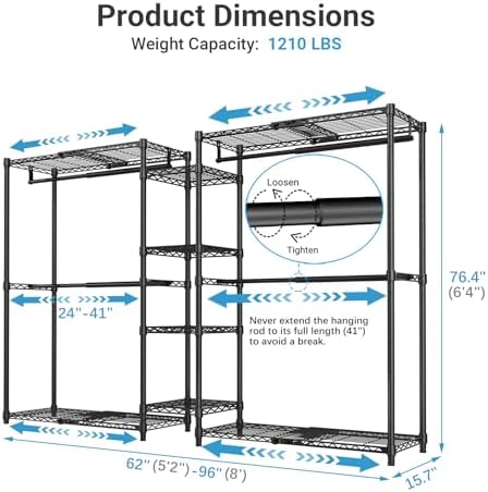 VIPEK X3 Expandable Heavy Duty Clothes Rack Closet Organizer System Black - Image 6