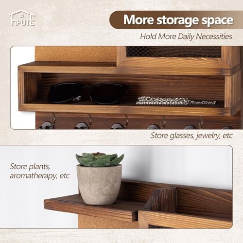 Key Holder for Wall with Mail Organizer,Farmhouse Mail and Key Holder for Wall,Key Hanger with ‌Metal 11 Hooks,Corkboard,and Shelf,Decorative Natural Pine Wood Entryway Organizer,14.6*11.1*3.3”,Brown - Image 3