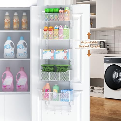 VyGrow Over The Door Organizer, Metal Door Organizer Hanging with 5 Adjustable Baskets and Coat Hook, Behind The Door Storage for Bedroom Closet Bathroom Pantry Cabinet Kitchen, White - Image 2