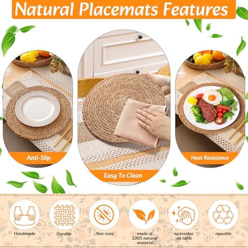 6 Sets Boho Placemat Table Runner Napkin Rings, Khaki, 12x72 - Image 6