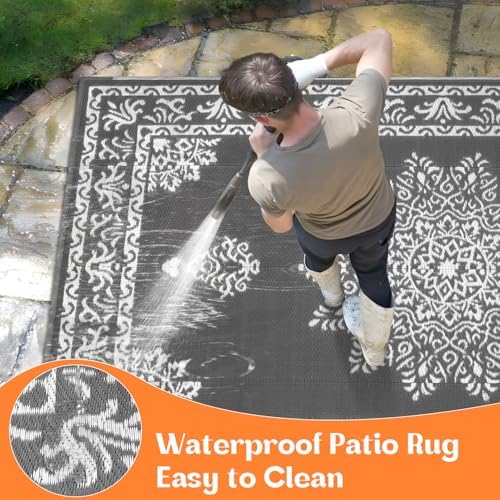 Yamaziot 8x10Ft Outdoor Rug Waterproof Plastic Straw Patio Rug, Dark Gray - Image 4