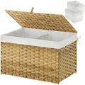 GREENSTELL Storage Basket with Lid, 27.7 Gallon(105L) Lagre Wicker Blanket Storage Basket with Handles, Foldable, 2 Removable Liner Bags, Metal Frame, for Bedroom, Laundry Room, Natural by Greenstell