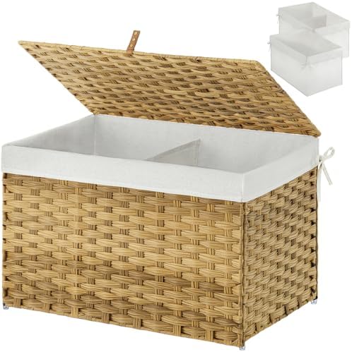GREENSTELL Storage Basket with Lid, 27.7 Gallon(105L) Lagre Wicker Blanket Storage Basket with Handles, Foldable, 2 Removable Liner Bags, Metal Frame, for Bedroom, Laundry Room, Natural by Greenstell
