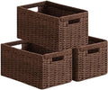 UBBCARE 3 Pack Wicker Basket, 13.4L×8.3H×7.1W inch Woven Paper Rope Storage Baskets for Shelves, Foldable Rectangular Storage Baskets with Handle, Storage Basket for Organizing, Dark Brown by UBBCARE