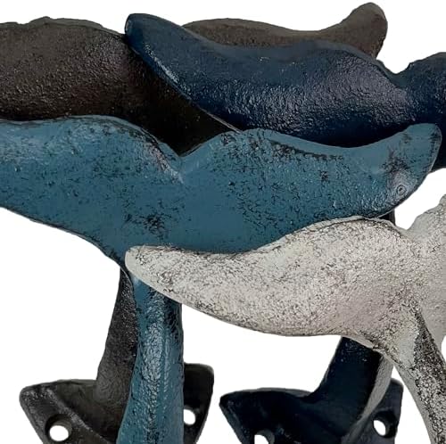 Zeckos Set of 4 Whale Tail Wall Hooks, Colorful Distressed Cast Iron - Image 3