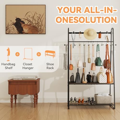 KAFAHOM Purse Organizer for Closet, Purse Rack - Tall Purse Shelf with 8 Hooks & 10 Removable Hangers to Hold Handbags, Backpacks, Pocketbooks., Perfect Purse Display Stand & Storage Tree,Black - Image 4