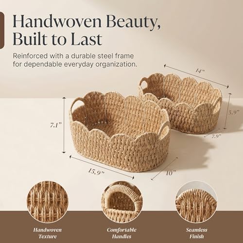 Scalloped Woven Storage Basket Set of 2 – Handwoven Paper Rope Organizer Bins with Handles for Shelves, Towels, Toys, Laundry & Nursery Storage – Decorative Boho Farmhouse Basket Set - Image 4
