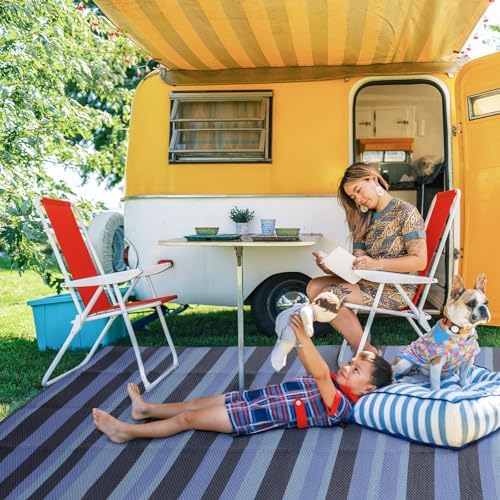 wikiwiki 9x12ft Outdoor Rug, Reversible Plastic Patio Rug Waterproof, Indoor Outdoor Carpet Clearance, Large Area Carpet for Patio Deck Balcony Pool RV Camping Beach Picnic, Black & Blue - Image 7