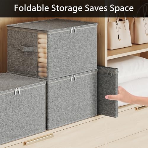 64L Clothes Storage Bins with Sturdy Frame, Foldable Clothing Organizer Box, Sweater Storage Cube with Lids and Zipper, Fabric Bedding Storage Bags for Blankets, Seasonal Clothes, Comforter - Image 5