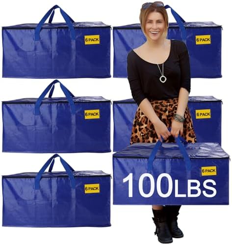 6 Pack Waterproof Moving Storage Bags, 100 lbs Extra Large Heavy Duty Totes with Reinforced Handles & Strong Zippers, Reusable Moving Box Alternative for Packing Moving Household Storage, 95L, Blue by Demiwise