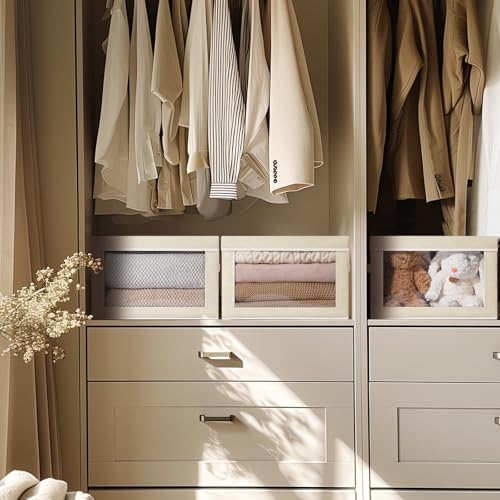 Homsorout Large Storage Baskets with Lids - Stackable Cube Bins for Closet, 6 Pack Beige Windows Organizer Bins, Home Organizers and Storage for Clothes, CD, Towels - Image 2