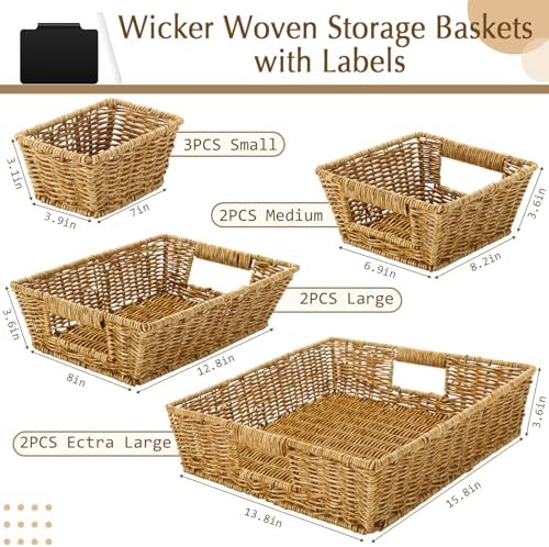 Marsui 9 Pcs Wicker Storage Baskets for Pantry Organization with Handle Labels Handwoven Multi-size Brown Small Organizer Baskets Storage Bins Container for Shelves Closet Toilet Christmas Holiday - Image 2