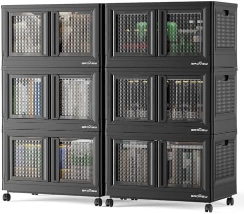 BROVIEW 600 Qt Stackable Storage Bins with Lids & Doors, 6 Pack Plastic Closet Organizer and Storage Drawers with Wheels, Large Collapsible Storage Boxes, Cabinet for Home, Office, V10, Black by BROVIEW-EnjoytheArtofLife