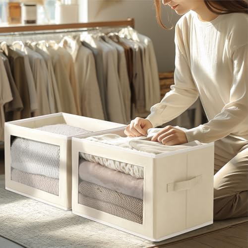Homsorout Storage Cubes with Lids - 5 Pack Foldable Clear Window Storage Bins, Large Decorative Storage Bins with Handles, Storage Containers for Clothes, Towel, Blanket, Sheet, Beige - Image 5