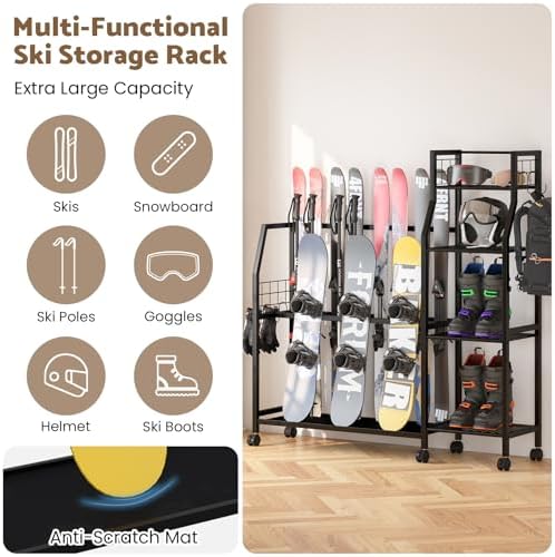Kikihouse 4-Tier Freestanding Snowboard Rack for 4 Pairs of Skis, 3 Snowboards, Boots, Poles, Goggles, Helmets, Ski Storage Rack with Adjustable Shelves, Snowboard Stand for Home, Garage - Image 3